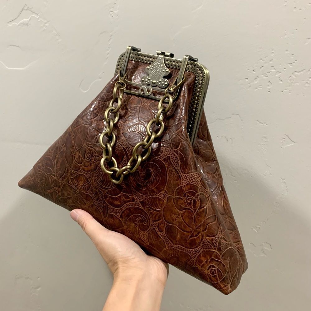 Brown Floral-Embossed Leather Shoulder Bag with Chain Handle